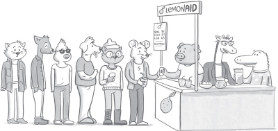 Illustration of diverse animals, including a cat, dog, bear, and others, waiting in line at a āLEMONAIDā stand operated by three animals - a pig, an alligator and a giraffe. The pig is doing the sales work, while the giraffe coaches the alligator in the back.
