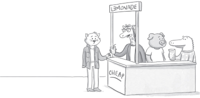 Illustration of a cat buying lemonade from a stand labeled āCHEAP LEMONADE,ā manned by three animals - a pig, an alligator and a giraffe. The giraffe is shown to be the one doing the work by itself while the rest of the animals stand in the back.