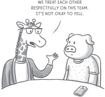 Illustration of a giraffe and a pig sitting down. The giraffe says āWe treat each other respectfully on this team. It's not okay to yell.ā