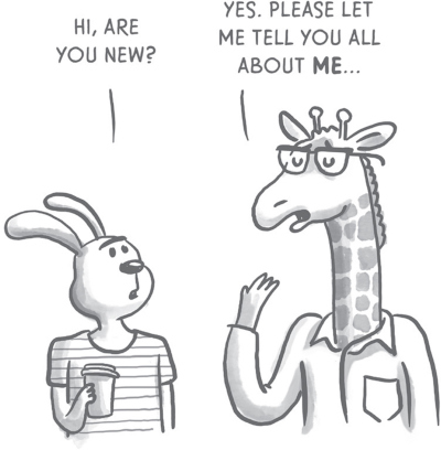 Illustration of a rabbit and a giraffe in conversation. The rabbit asks, Hi, are you new?ā The giraffe responds, āYes. Please let me tell you all about me.ā