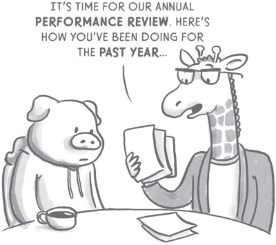 Illustration of a giraffe holding papers and a pig sitting at a table. The giraffe says, āIt's time for our annual performance review. Here's how you've been doing for the past year.ā