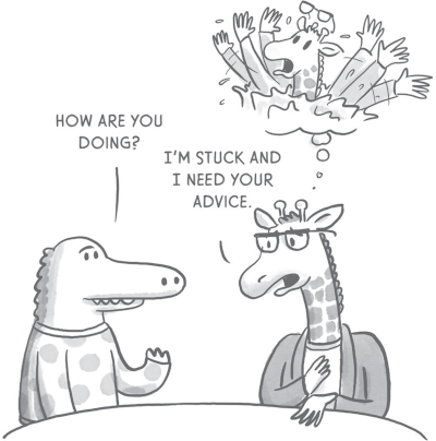 Illustration of a crocodile and a giraffe having a conversation. The crocodile asks, āHow are you doing?ā The giraffe responds, āI'm stuck and I need your advice.ā while imagining itself in a chaotic situation.