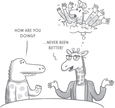 Illustration of a crocodile asking a giraffe āHow are you doing?ā and the giraffe responding ā... never been better!ā while imagining itself in a chaotic situation.