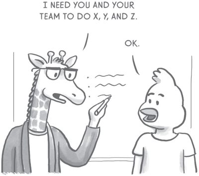 Illustration of a giraffe and a bird in conversation. The giraffe says, āI need you and your team to do X, Y and Z.ā The bird responds with āOk.ā