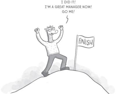 Illustration of a giraffe standing on top of a mountain. The giraffe has its arms raised in the air and is smiling. There is a flag on top of the mountain that says āfinishā. The giraffe is saying āI did it! I'm a great manager now! Go me!ā